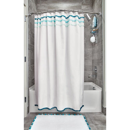 iDesign Pom Cotton Bath Mat, Shower Accent Rug for Master, Guest, and Kids' Bathroom, 21" x 34", White and Blue