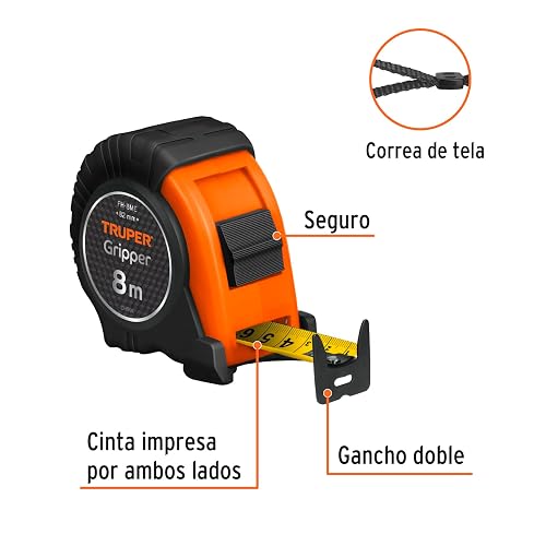 Truper FH-8ME, Flexómetro contra impacto, graduación métrica, 8 m, 25 mm