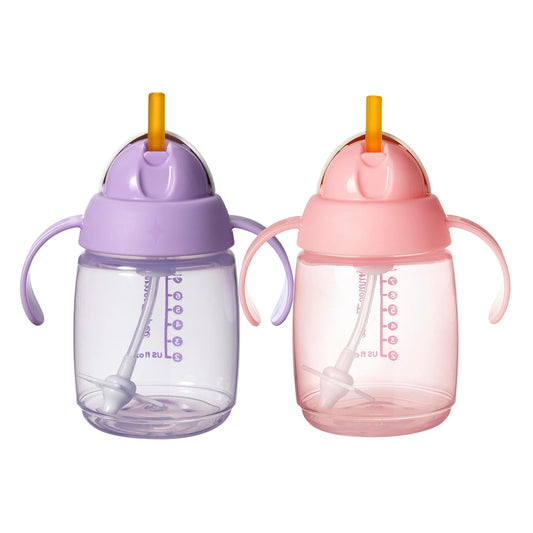 Tommee Tippee Vaso con Popote con Peso, Bebés y Niños, 6m+, 237ml | Paquete de 2, Popote de Silicona con Peso, Asas Fáciles de Sujetar, Rosa y Morado, Libre de BPA