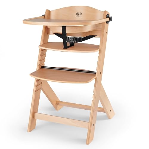 Kinderkraft ENOCK Silla Alta de Madera, Periquera Infantil, Portatil, para niños, Evolutiva silla alta, Ergonómica, Con accesorios, Barrera y Bandeja, Madera natural