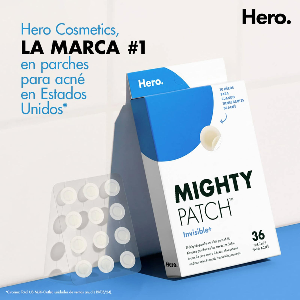 Hero Parches para Acné Mighty Patch Invisible+, Caja con 36 piezas. Delgados para Uso de Día. Absorben Gentilmente las Impurezas en 6 a 8 Horas. No Contienen Medicamento. Probados Dermatológicamente