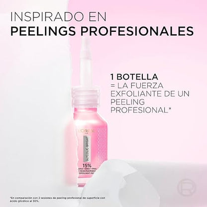 L'Oréal Paris, Glycolic Bright Peeling Exfoliante Facial Anti Manchas, Mejora la Textura y Luminosidad de la Piel, Reduce Poros Abiertos e Imperfecciones, 25 ml.