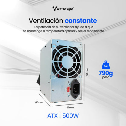 Vorago Fuente de Poder 500W ATX PSU-101 20+4 Pines x 1, CPU 4 Pines x 1, SATA x 2 Periféricos 4 Pines x 2, Floppy 4 Pines x 1