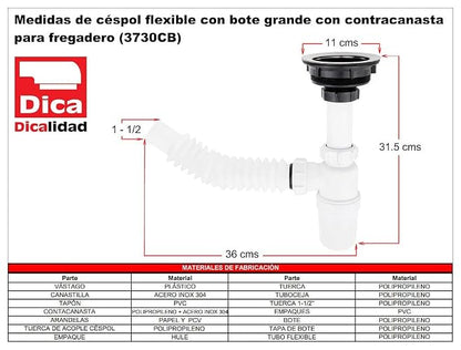 Dica 3730CB Céspol Flexible Bote Grande con Contracanasta para Fregadero, Trampa para Tarja con Tubo Flexible, Desagüe para Cocina, Plástica