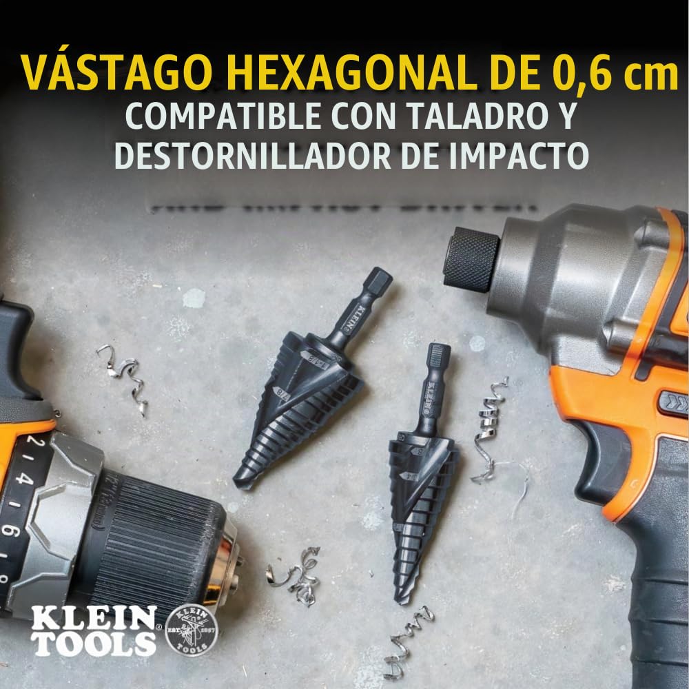 Klein Tools QRST11 Broca escalonada, espiral de liberación rápida, doble fluida, 7/8 a 1-1/8 pulgadas, vástago hexagonal, acero cortado, madera, plástico, aluminio
