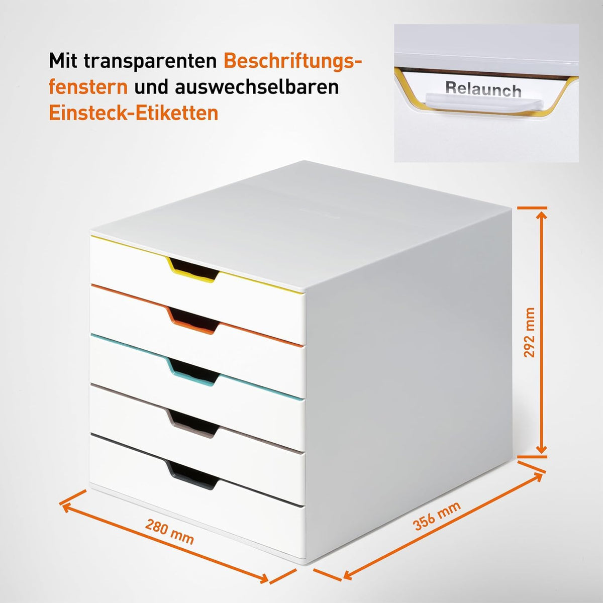 Durable 762527 - Cajonera (A4, varios colores), 5 Fächer | Plástico ABS estable, para formatos A4 y C4, cajones apilables con tope de extracción, 280x292x356 mm, Made in Germany