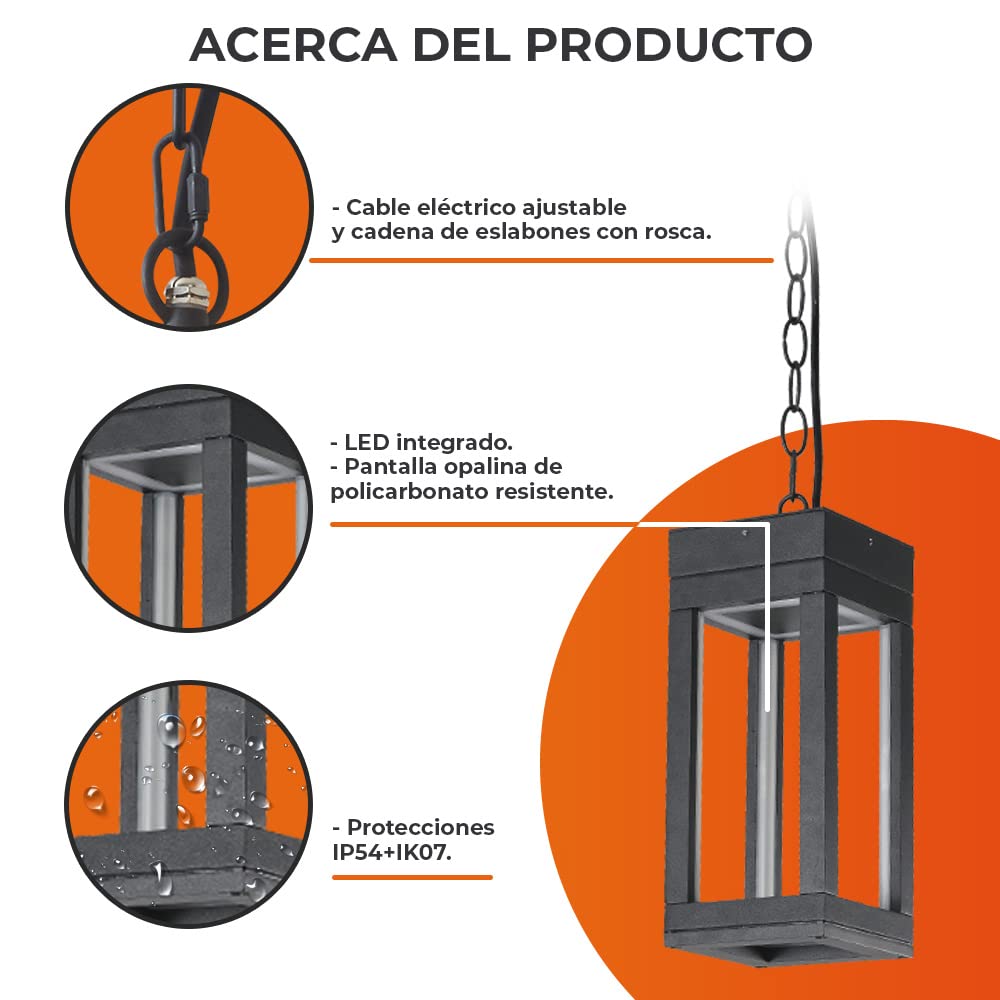 Tecnolite Lámpara Colgante LED 51 cm de Altura 12 W, Luz Suave Cálida, IP54, IK07, No atenuable, LED integrado
