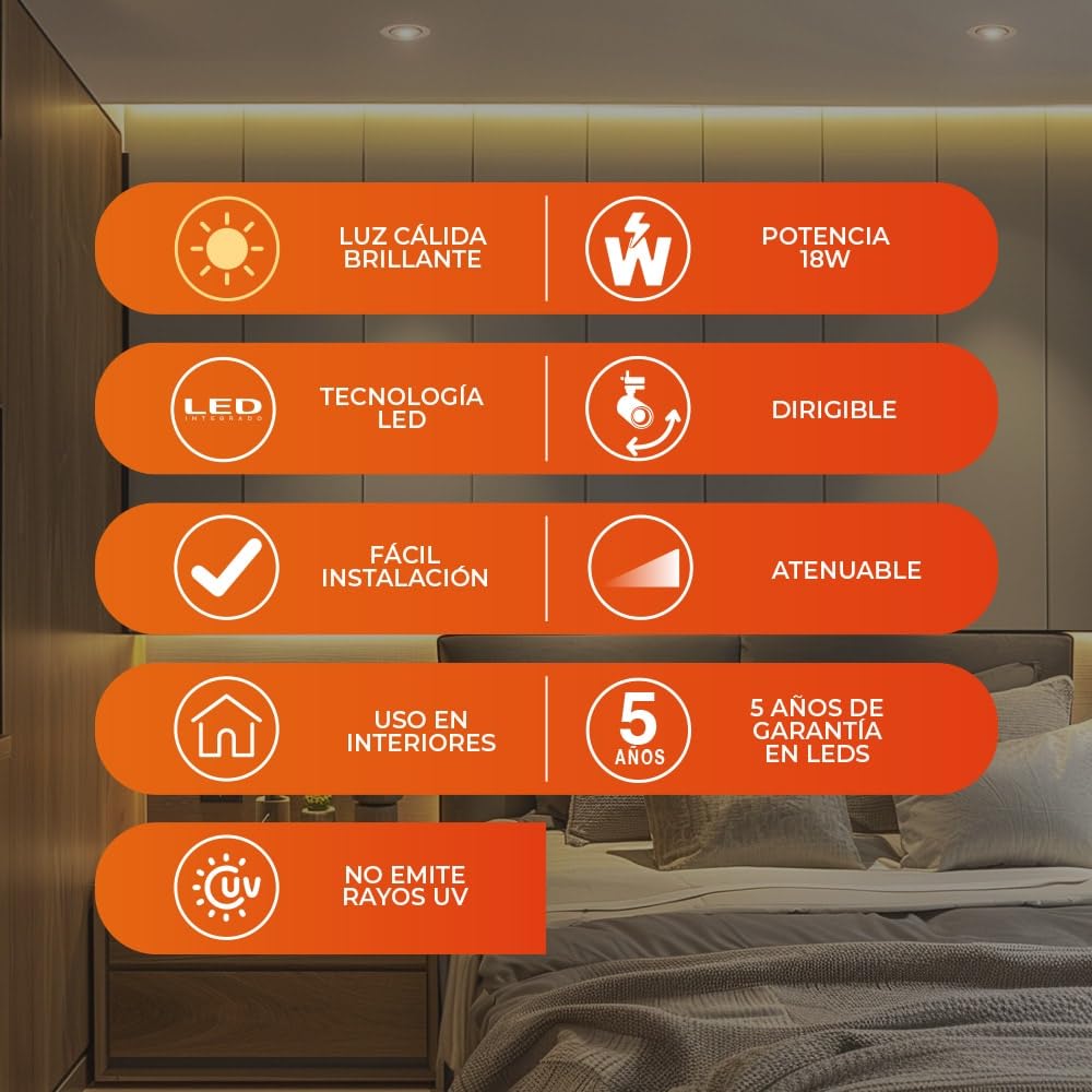 Tecnolite - Lámpara Downlight LED Empotrable Dirigible 3 W, Luz Suave Cálida, Atenuable, LED integrado