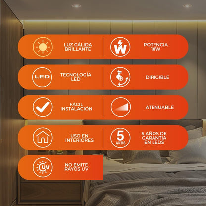 Tecnolite - Lámpara Downlight LED Empotrable Dirigible 3 W, Luz Suave Cálida, Atenuable, LED integrado