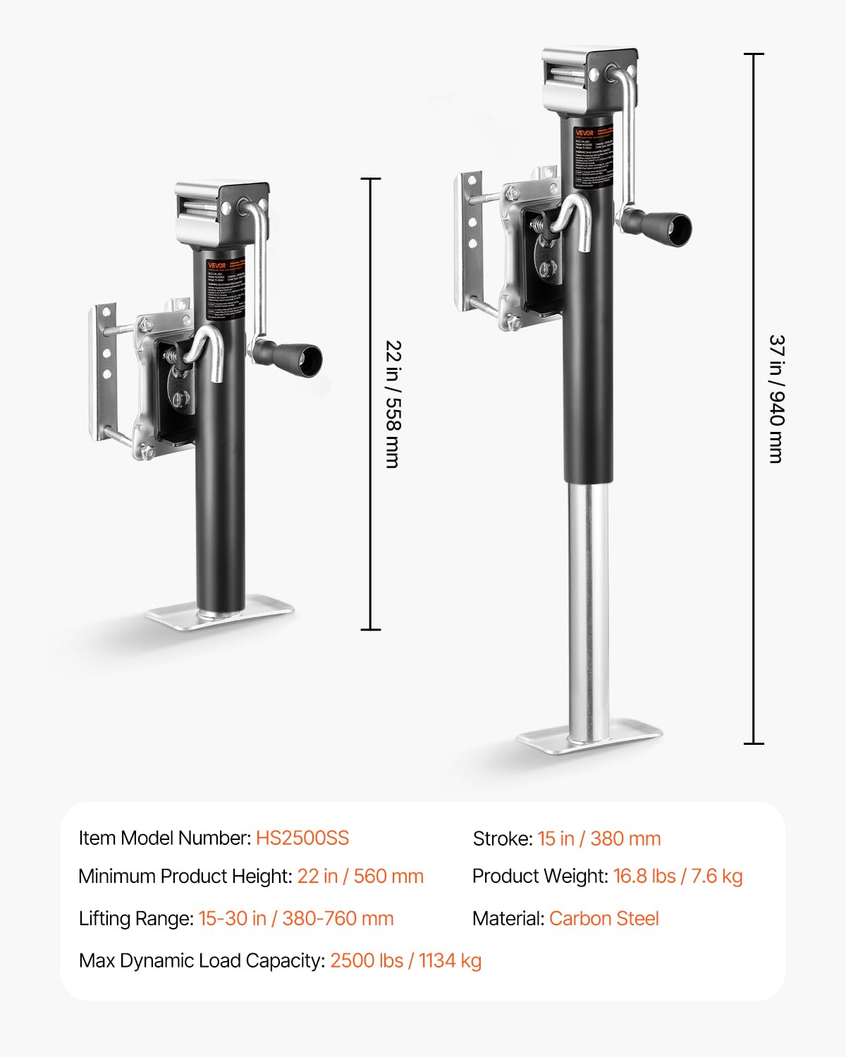 VEVOR Gato de Remolque, Capacidad de Carga dinámica de 2500 LB, Gato de Remolque Giratorio atornillable de Alta Resistencia con Mango ergonómico, Recorrido Vertical de 15 Pulgadas