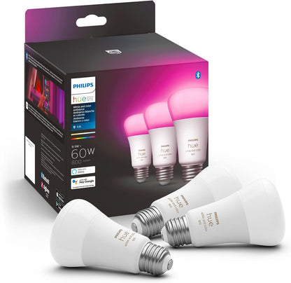 Philips Hue - foco LED inteligente A19 - Blanco y ambiente de color - foco interior de 60 W - Control con aplicación Hue - Funciona con Alexa, Google Assistant y Apple Homekit - Paquete de 3