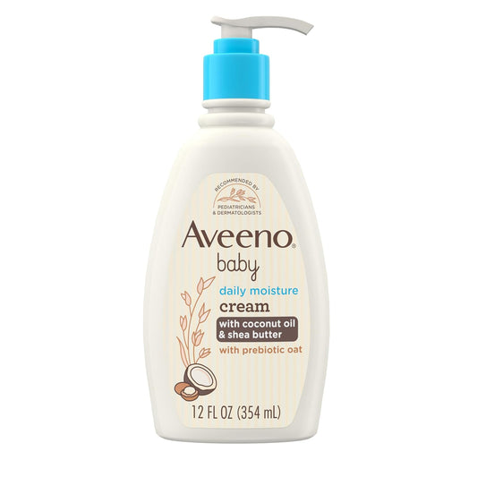 Aveeno Baby Crema Hidratante Diaria Daily Moisturizing Cream Prebiótica | 12 fl oz, aceite de coco, manteca de karité, hipoalergénica, aroma suave de coco