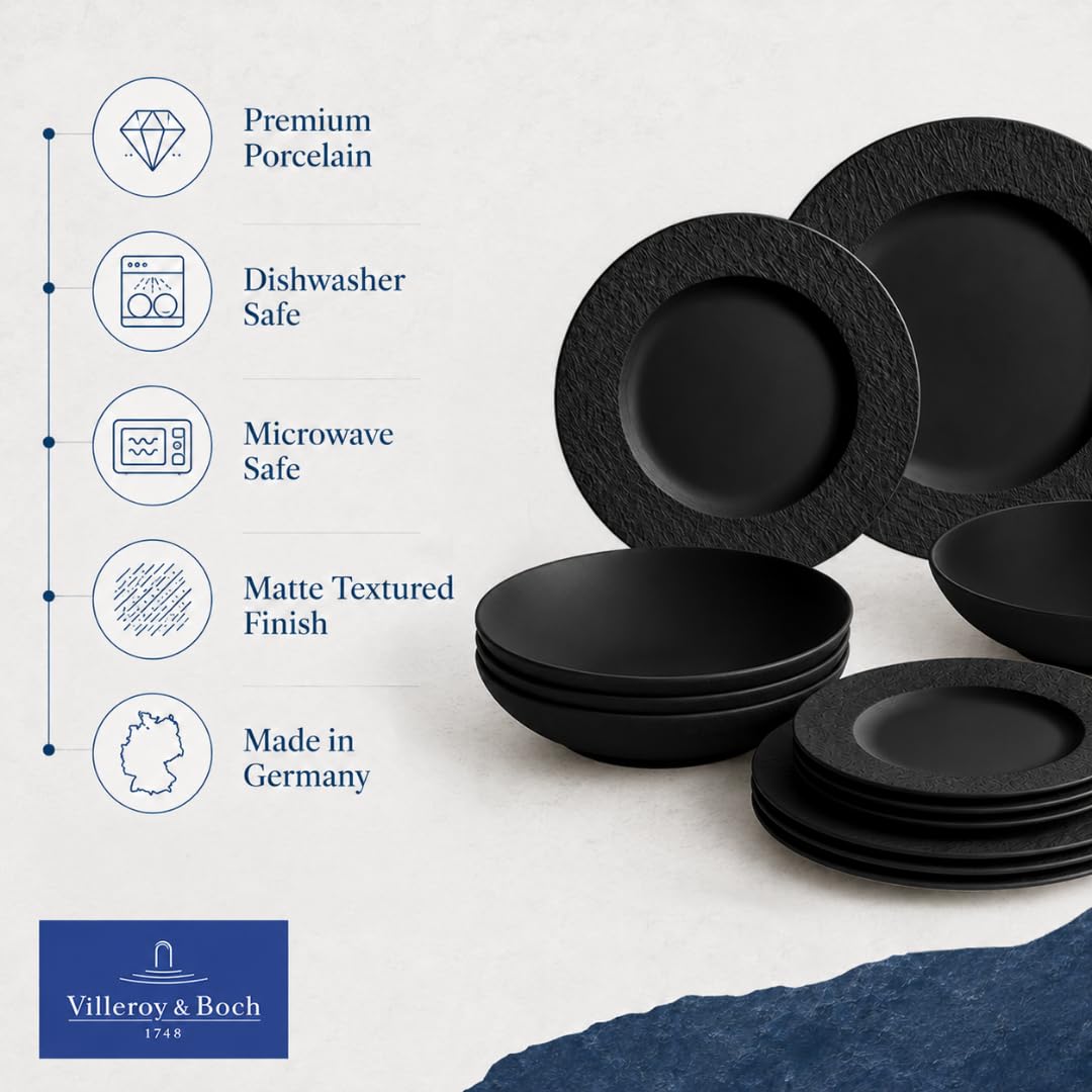Villeroy & Boch Manufacture Rock Juego de Vajilla | 12 piezas, servicio para 4, platos de cena, platos de ensalada, cuencos de pasta, porcelana, negro mate, hecho en Alemania