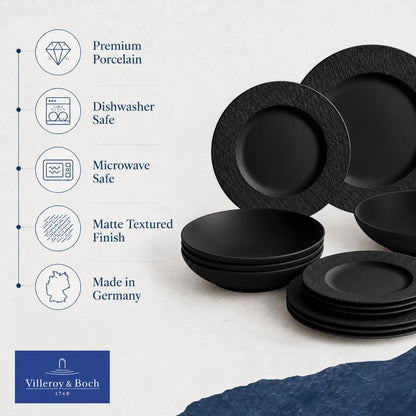 Villeroy & Boch Manufacture Rock Juego de Vajilla | 12 piezas, servicio para 4, platos de cena, platos de ensalada, cuencos de pasta, porcelana, negro mate, hecho en Alemania