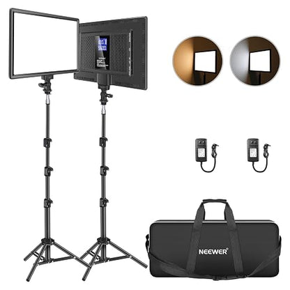 NEEWER NL-192AI Kit 2 Paneles LED de Video 13" con Trípodes | Bi Color, Regulables, Batería 4000mAh, 3200K-5600K, CRI97+, USB, para Estudio, Streaming y YouTube, Negro