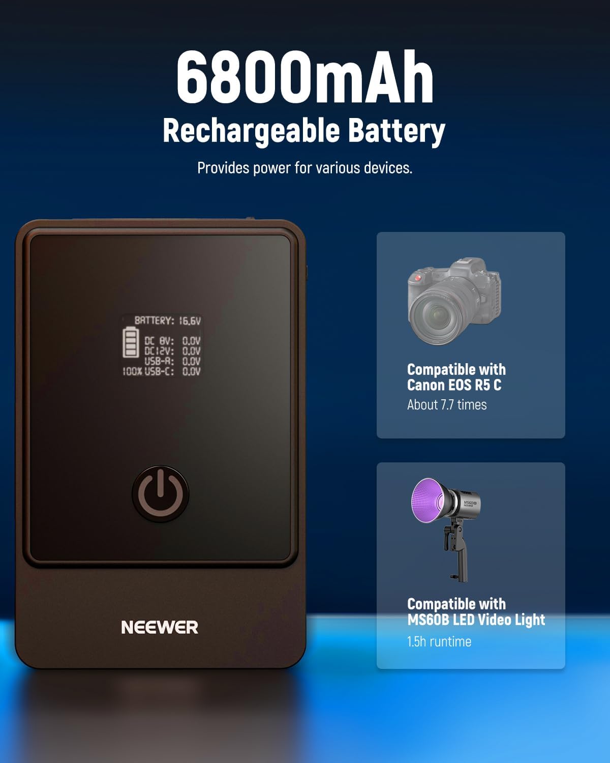 NEEWER Mini V Mount Battery Batería,6800mAh 99Wh V Lock Battery,PD65W Carga Rápida/D-Tap/BP/USB-A/Doble Puerto DC/Pantalla OLED para Camcorder Video Camera Compatible con SmallRig BMPCC 4k 6k, PS099E