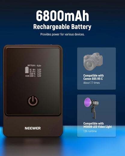 NEEWER Mini V Mount Battery Batería,6800mAh 99Wh V Lock Battery,PD65W Carga Rápida/D-Tap/BP/USB-A/Doble Puerto DC/Pantalla OLED para Camcorder Video Camera Compatible con SmallRig BMPCC 4k 6k, PS099E