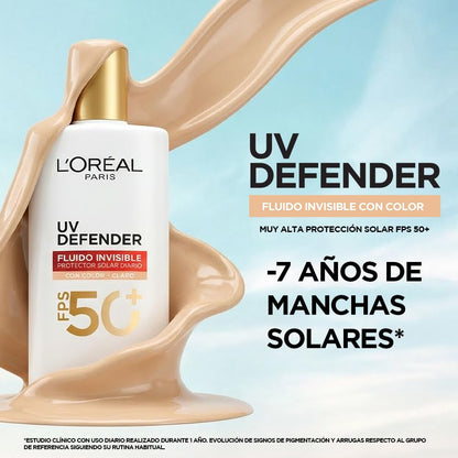 L'Oréal Paris Protector solar facial FPS50+ UV Defender Fluido Invisible Tono Claro, 40ml - Protección solar facial ultra ligero, -50% manchas y -30% arrugas debidas al sol, con Ácido Hialurónico