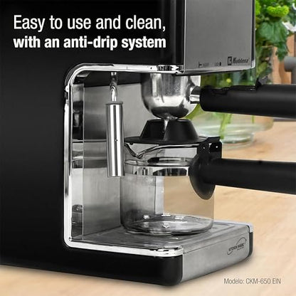 Koblenz Cafetera Espresso y Cappuccino, 4 Tazas, 3.5 Bares de Presión, Potencia de 800 W, Sistema de Espuma para Café Cappuccino, Color Negro con Acero Inoxidable, CKM-650 EIN, 00-0603-00-1
