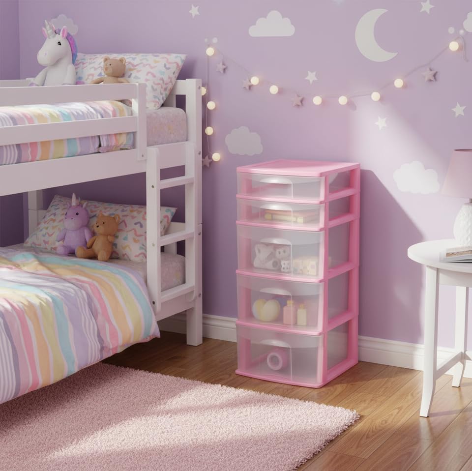 Italhome Cajonera FOX 5 de Plástico 5 Cajones Transparentes, Organizador Multiusos para Hogar y Oficina, Mueble Resistente Fácil Armado, Color Rosa