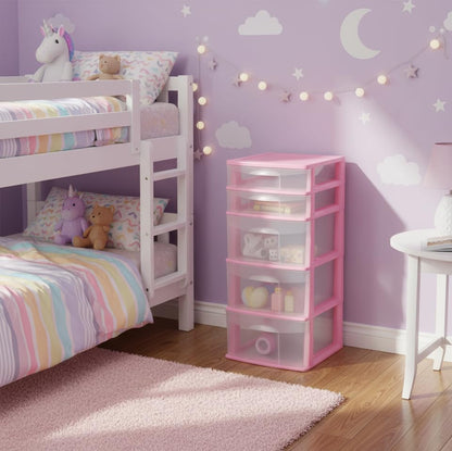 Italhome Cajonera FOX 5 de Plástico 5 Cajones Transparentes, Organizador Multiusos para Hogar y Oficina, Mueble Resistente Fácil Armado, Color Rosa