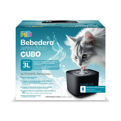 Fancy Pets Bebedero Automático para Perros y Gatos, 3L, con Filtro de Carbón Activado, Agua Fresca, Recirculación Silenciosa, Diseño Cubo Negro