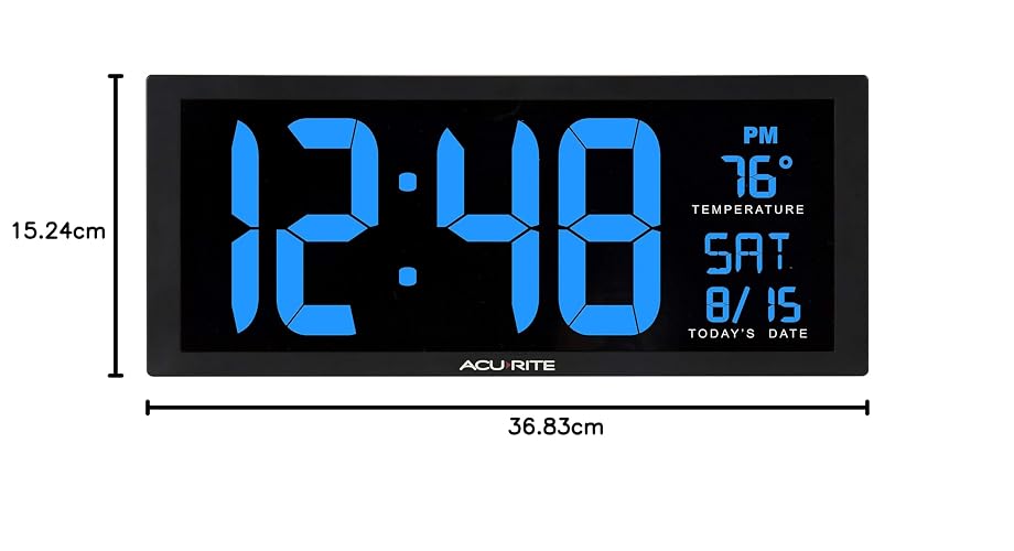 AcuRite 75127 Oversized Reloj LED con Temperatura Interior, Fecha y Soporte Plegable, 36,8 cm, Azul