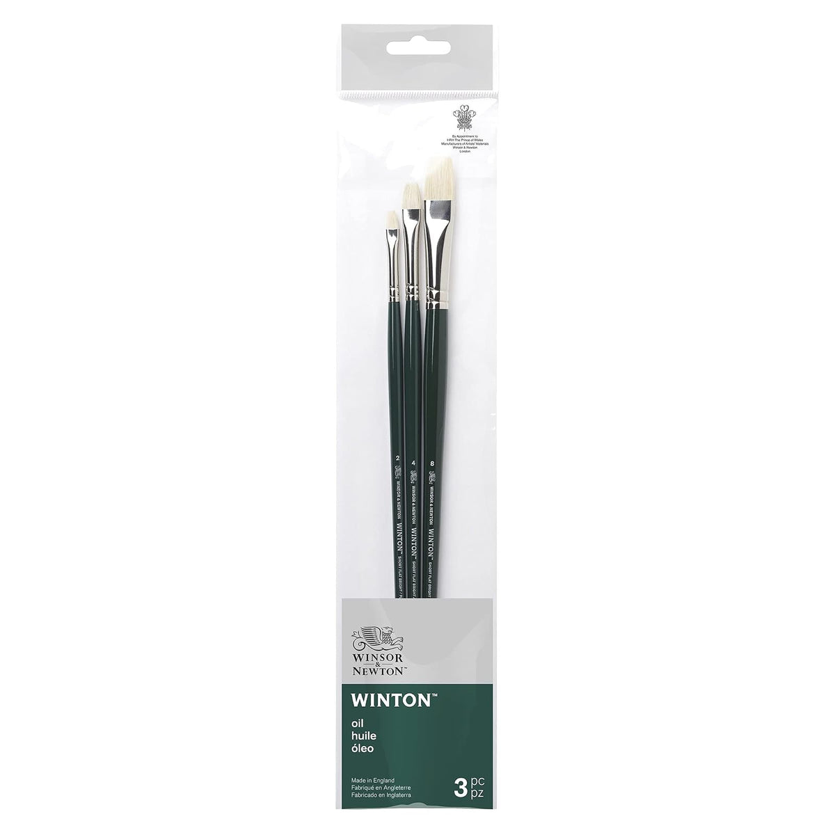 Winsor & Newton Set con 3 Pinceles Largos Winton V.1 | Cerdas sintéticas con bandera, excelente capacidad de transporte de color, hechas a mano en Inglaterra, para pintura al óleo