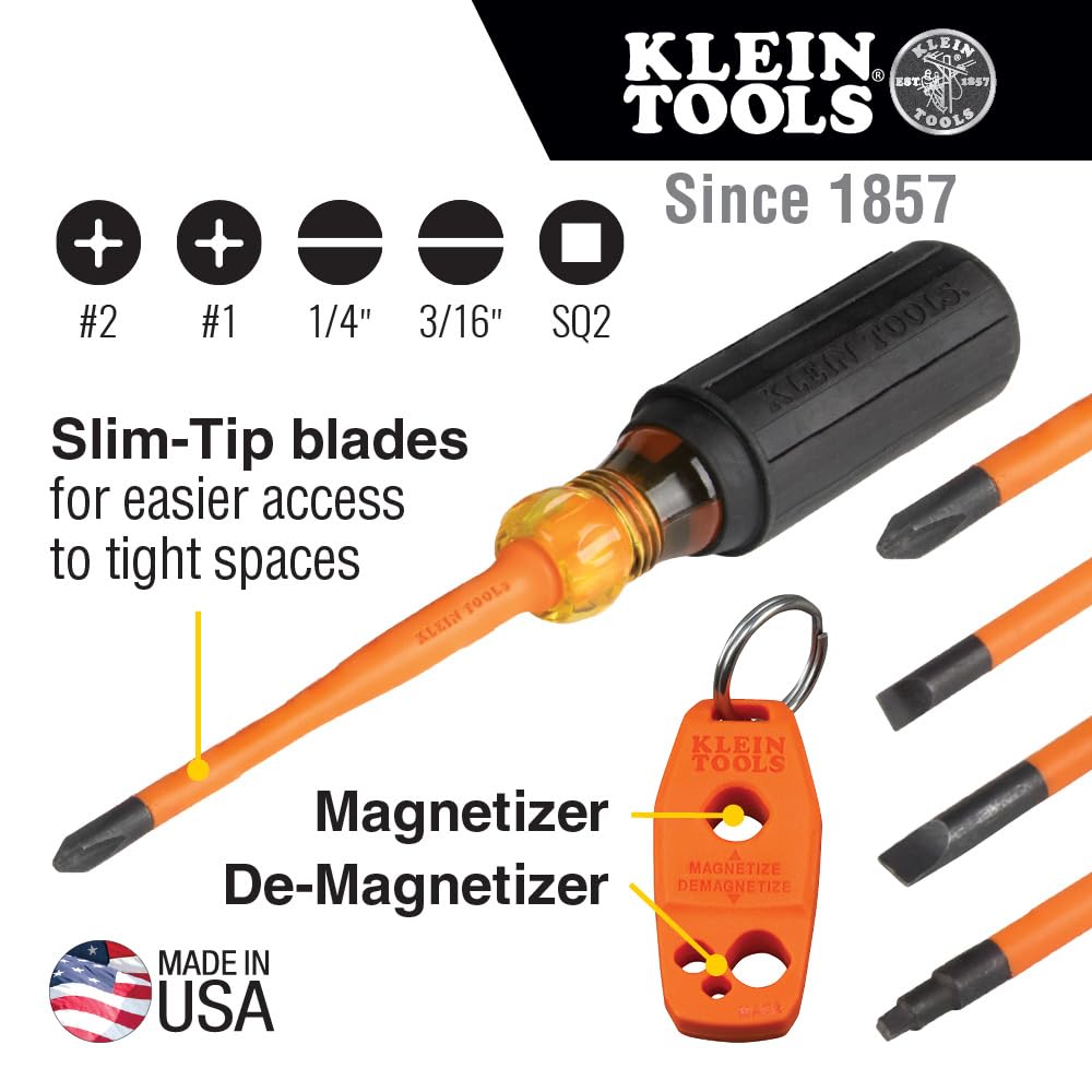 Klein Tools 33736INS - Juego de destornilladores aislados, fabricado en Estados Unidos, destornillador de punta delgada de 1000 V con Phillips, gabinete y puntas cuadradas y un magnetizador, 6 piezas