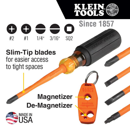 Klein Tools 33736INS - Juego de destornilladores aislados, fabricado en Estados Unidos, destornillador de punta delgada de 1000 V con Phillips, gabinete y puntas cuadradas y un magnetizador, 6 piezas