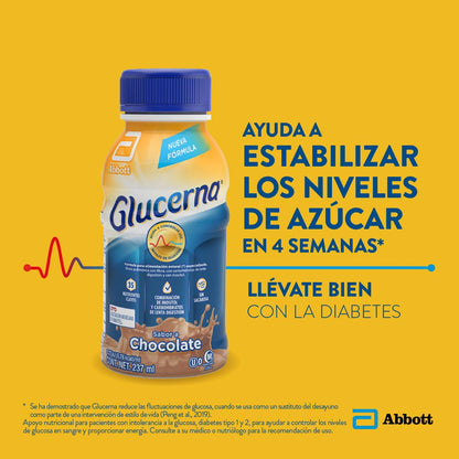 Glucerna Chocolate -Nutrición especializada para Diabetes Pack 24 de 237ml | Ideal para personas con diabetes tipo 1 y 2. Ayuda a estabilizar los niveles de glucosa en 4 semanas