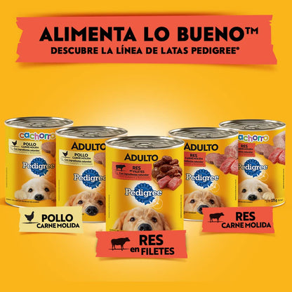 PEDIGREE Alimento para Perros Adultos, Sabor Res En Filetes 375 Gr, Paquete De 24 Latas
