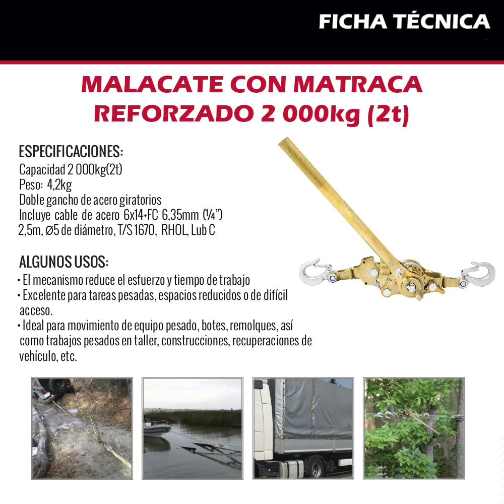 Dogotuls CD6150 Malacate matraca de 2000kg (2T) con Cable de 2.5m x ø5mm