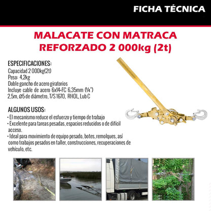 Dogotuls CD6150 Malacate matraca de 2000kg (2T) con Cable de 2.5m x ø5mm