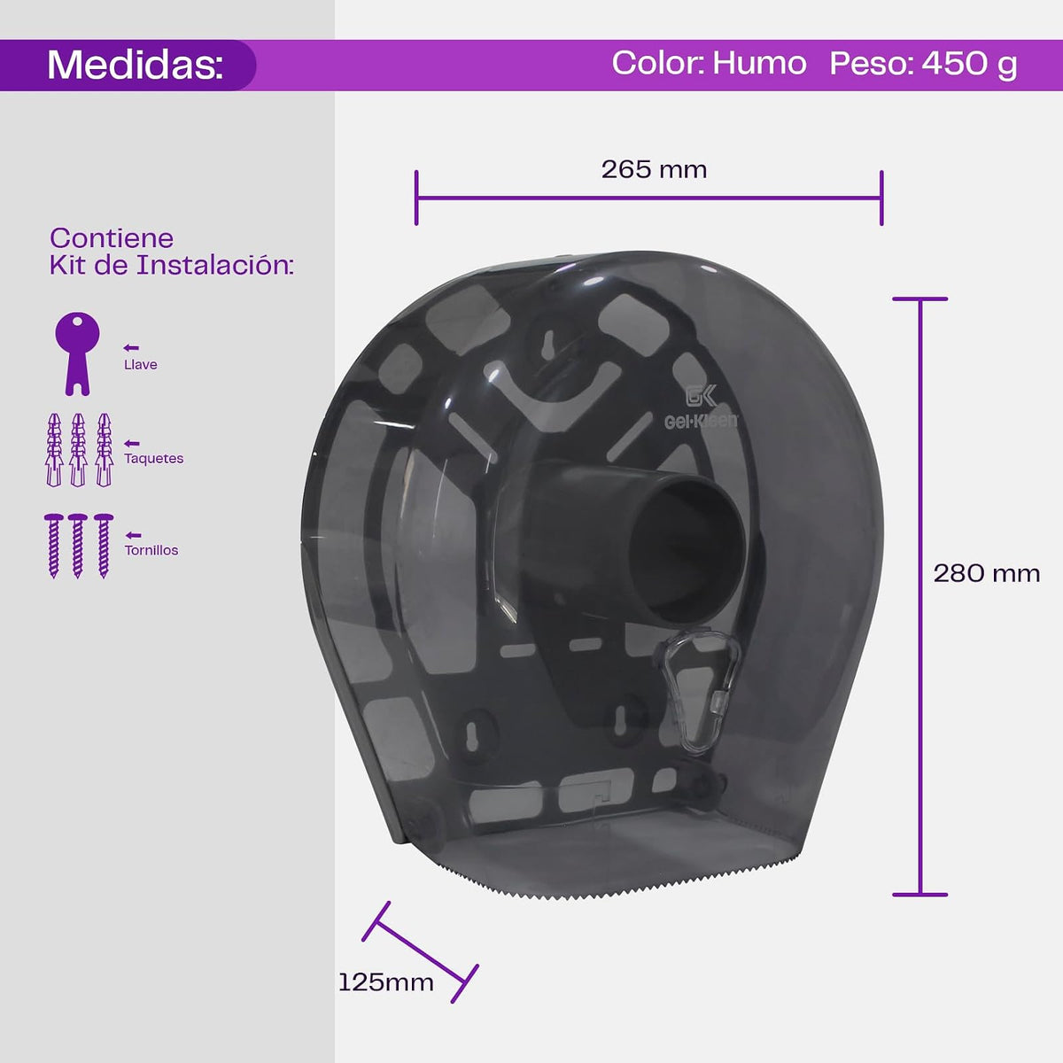 Gel Kleen Despachador de Papel Higiénico Junior Humo para Pared - Dispensador Institucional de Plástico ABS Uso Rudo para Rollo de hasta 300m, Ideal para Baño de Oficina, Negocio y Hogar