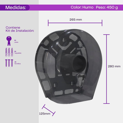 Gel Kleen Despachador de Papel Higiénico Junior Humo para Pared - Dispensador Institucional de Plástico ABS Uso Rudo para Rollo de hasta 300m, Ideal para Baño de Oficina, Negocio y Hogar