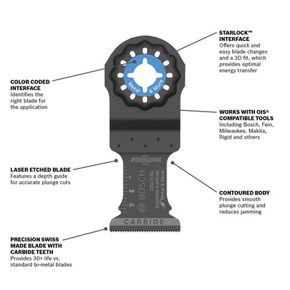 BOSCH OSL114C-3 Paquete de 3 cuchillas oscilantes Starlock de metal y más carburo para cortar barras de hierro, metal, madera con clavos, paneles de yeso y azulejos