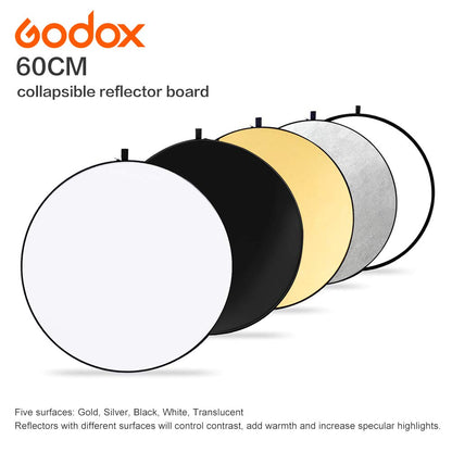 GODOX Reflector de luz de Disco portátil Redondo Plegable 5 en 1 de 60 cm con Bolsa para Estudio y fotografía, Dorado, Plateado, Negro, Blanco, translúcido