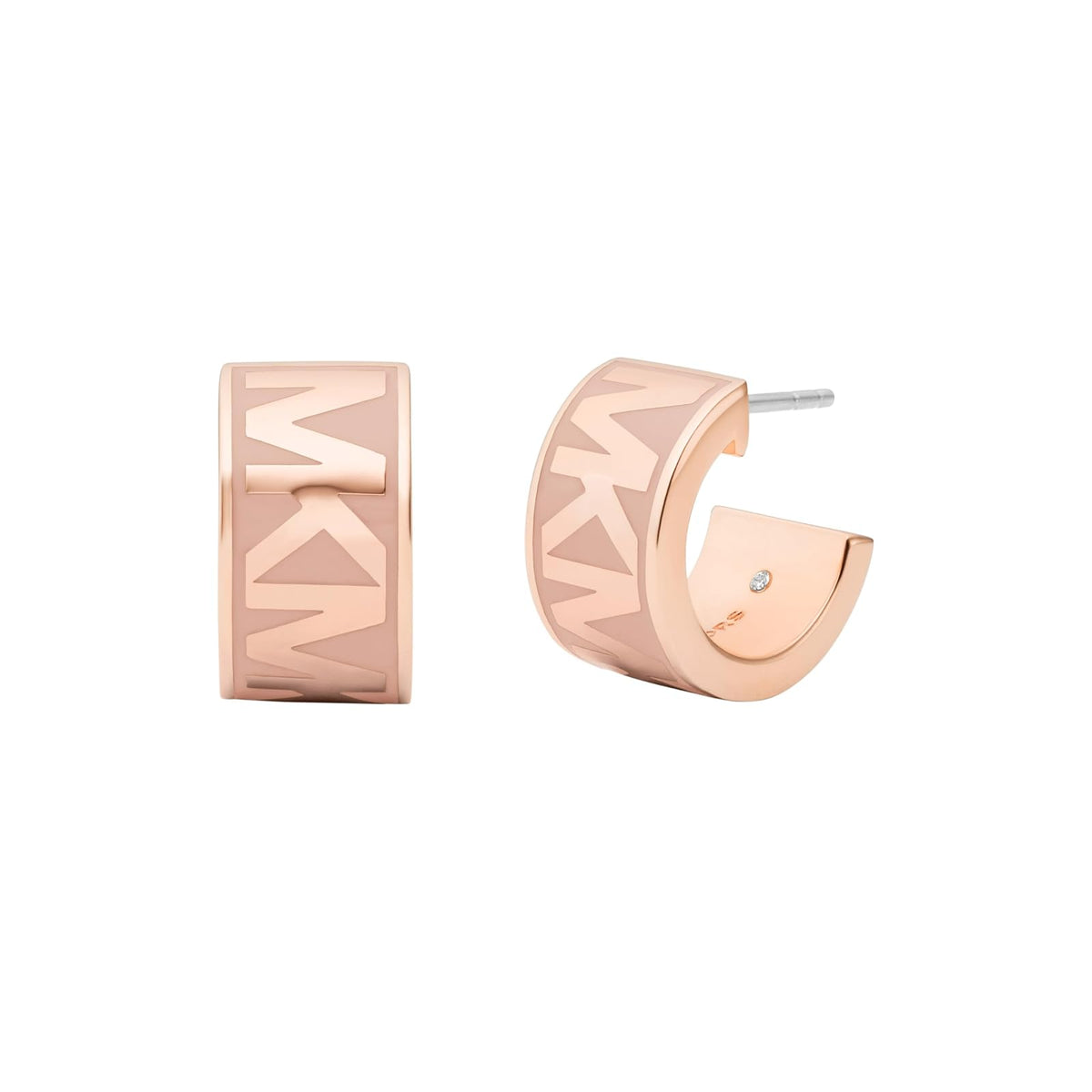 Michael Kors Gold-Tone Hoop Earrings for Women; Huggie Earrings for Women; Stainless Steel Earrings; Jewelry for Women - Logotipo MK repetido en oro rosa