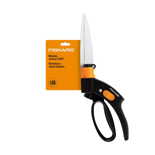 Fiskars Shear Ease - Cuchillas de Acero Inoxidable de 5 Pulgadas - Tijeras de Corte de Plantas de Hoja giratoria de 360 Grados - Tijeras de jardín y Cortador de zacate, Negro