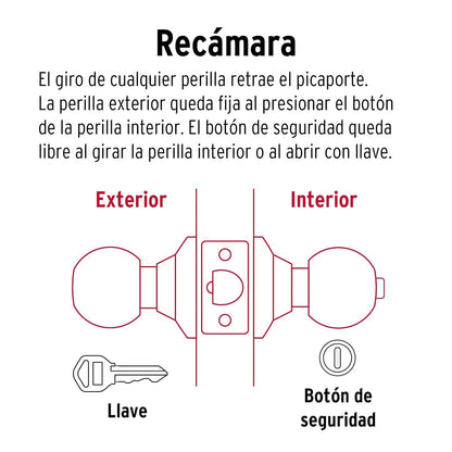 Hermex CEPO-21R, Cerradura de pomo tipo esfera para recámara, mecanismo cilíndrico, latón antiguo