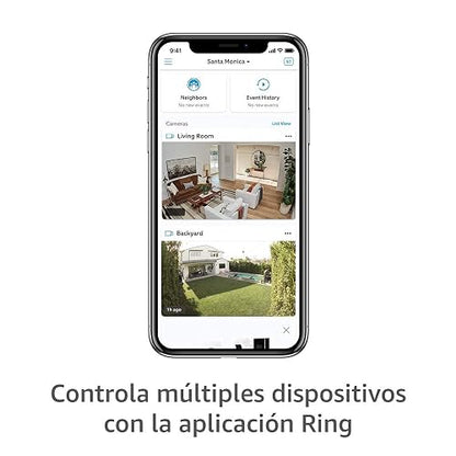 Cámara de seguridad Ring Stick Up Cam Battery + Soporte para inclinación y vista panorámica + Adaptador de corriente para interiores y exteriores - Blanco