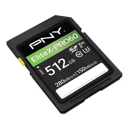 PNY Tarjeta de Memoria EliteX-PRO60 UHS-II SDXC de 512 GB, R280MB/s W150MB/s, U3, V60, 4K UHD, Full HD, UHS-II para fotógrafos Profesionales y Creadores de Contenido, cámaras réflex sin Espejo,