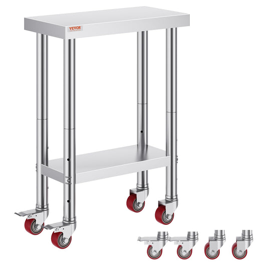 VEVOR - Mesa de Trabajo de Acero Inoxidable con Ruedas de 24 x 12 x 32 Pulgadas, 24 x 12 Pulgadas, Plateada