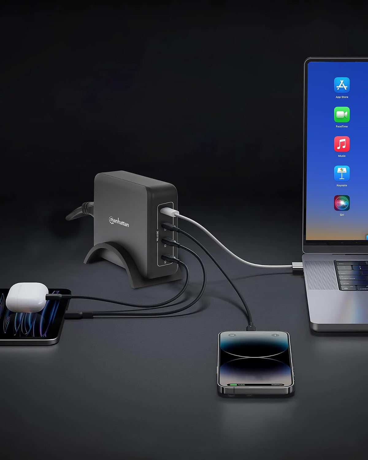 Manhattan 102667 Estación de Carga PD 4 Puertos USB-C 240 W Power Delivery 3.1 GAN, hasta 140 W por Puerto, Carga Rápida Inteligente, Compacta y Segura, Compatible Laptops, Teléfonos y Tablets.