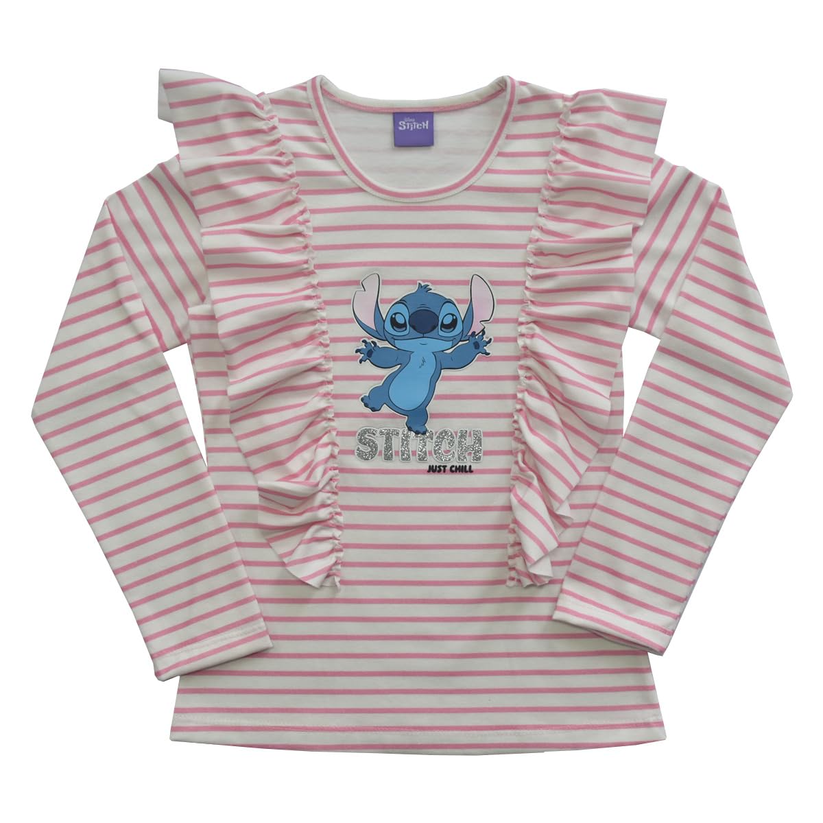 Disney Blusa Manga Larga Stitch Rosa con Olanes para niña