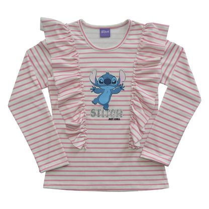 Disney Blusa Manga Larga Stitch Rosa con Olanes para niña