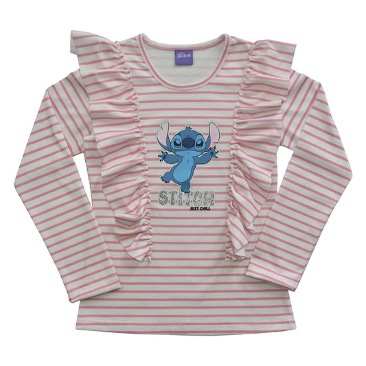 Disney Blusa Manga Larga Stitch Rosa con Olanes para niña