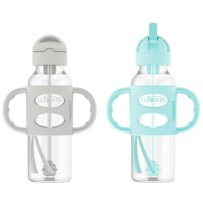 Dr. Brown's Milestones Botella de Paja con Asas de Silicona, 8 oz, 6 Meses+ - Gris + verde.