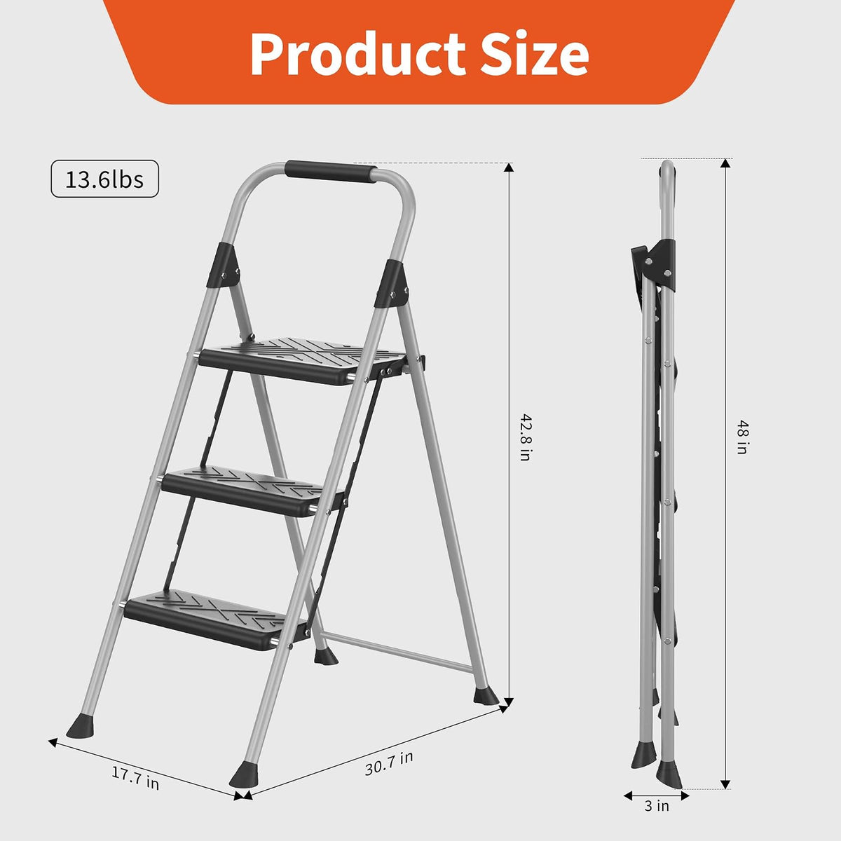 DIAMONDFORGE - Escalera de 3 Peldaños Plegable, Antideslizante, Acero de 900 Libras, Negro, IL3LBK1